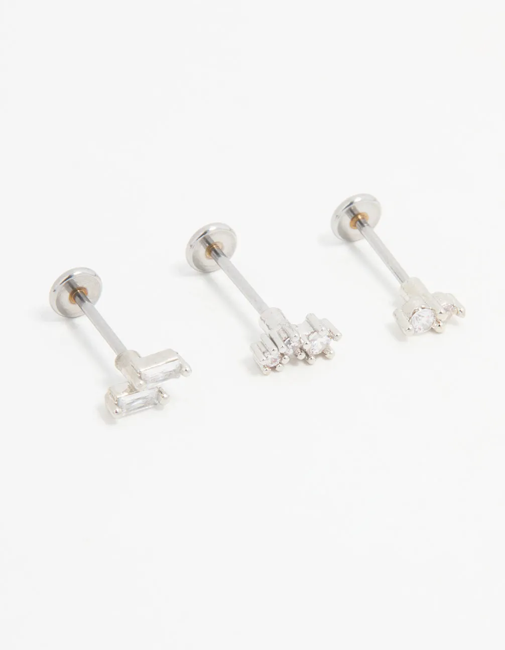 Casual Chic Lively Spark Surgical Steel Cubic Zirconia Double Baguette Flat Back Studs 3-Pack
