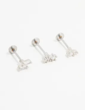 Casual Chic Lively Spark Surgical Steel Cubic Zirconia Double Baguette Flat Back Studs 3-Pack