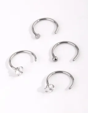 Surgical Steel Silver Martini Set Diamante Nose Ring 4-Pack Luxury Edge