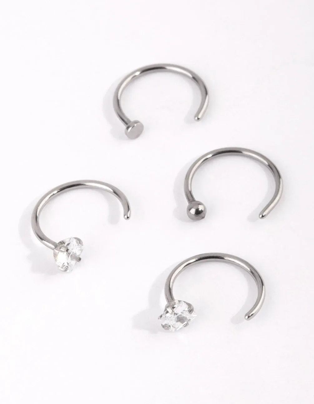 Surgical Steel Silver Martini Set Diamante Nose Ring 4-Pack Luxury Edge