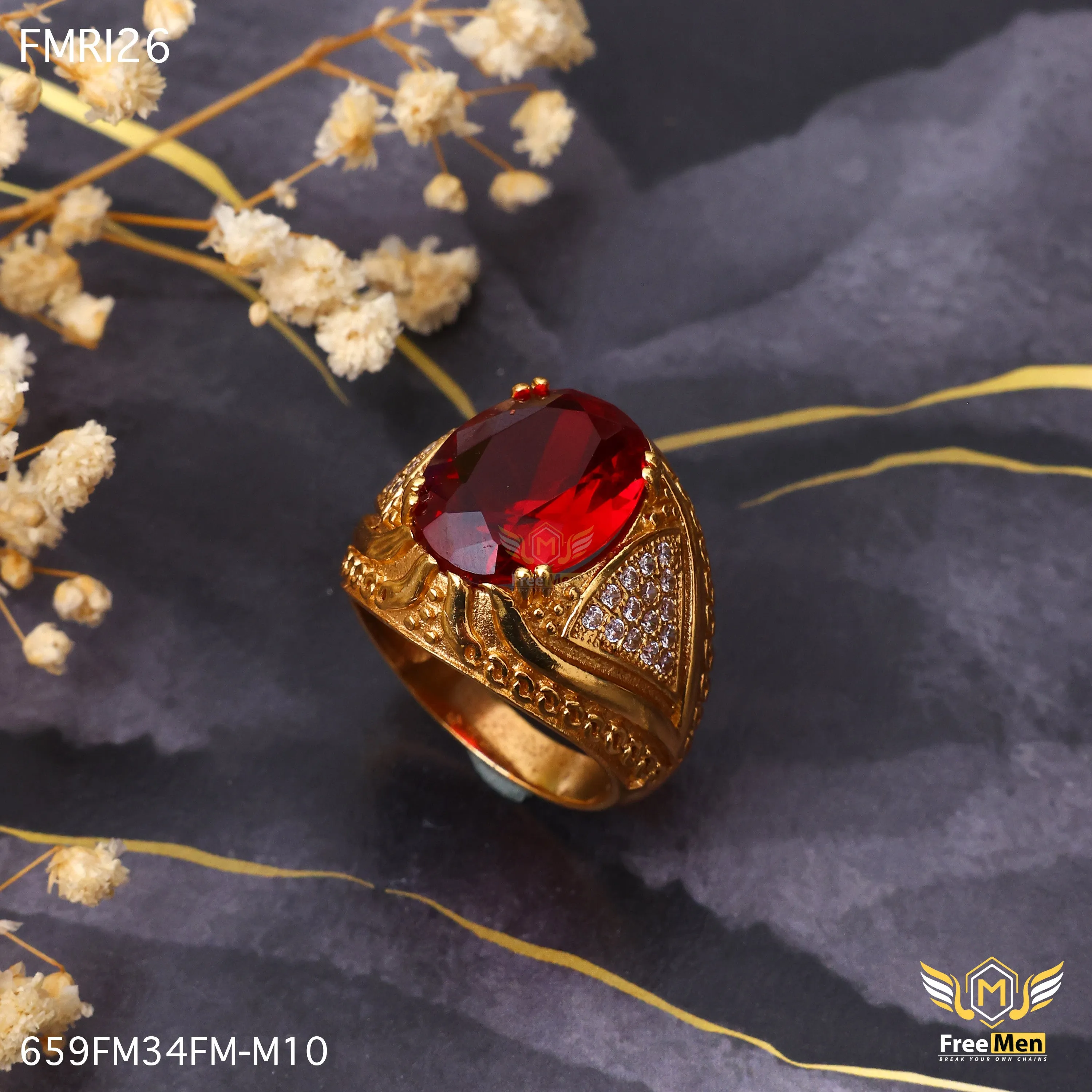 Freemen Oviform Red AD Design Golden Ring - FMRI26 Family Treasure