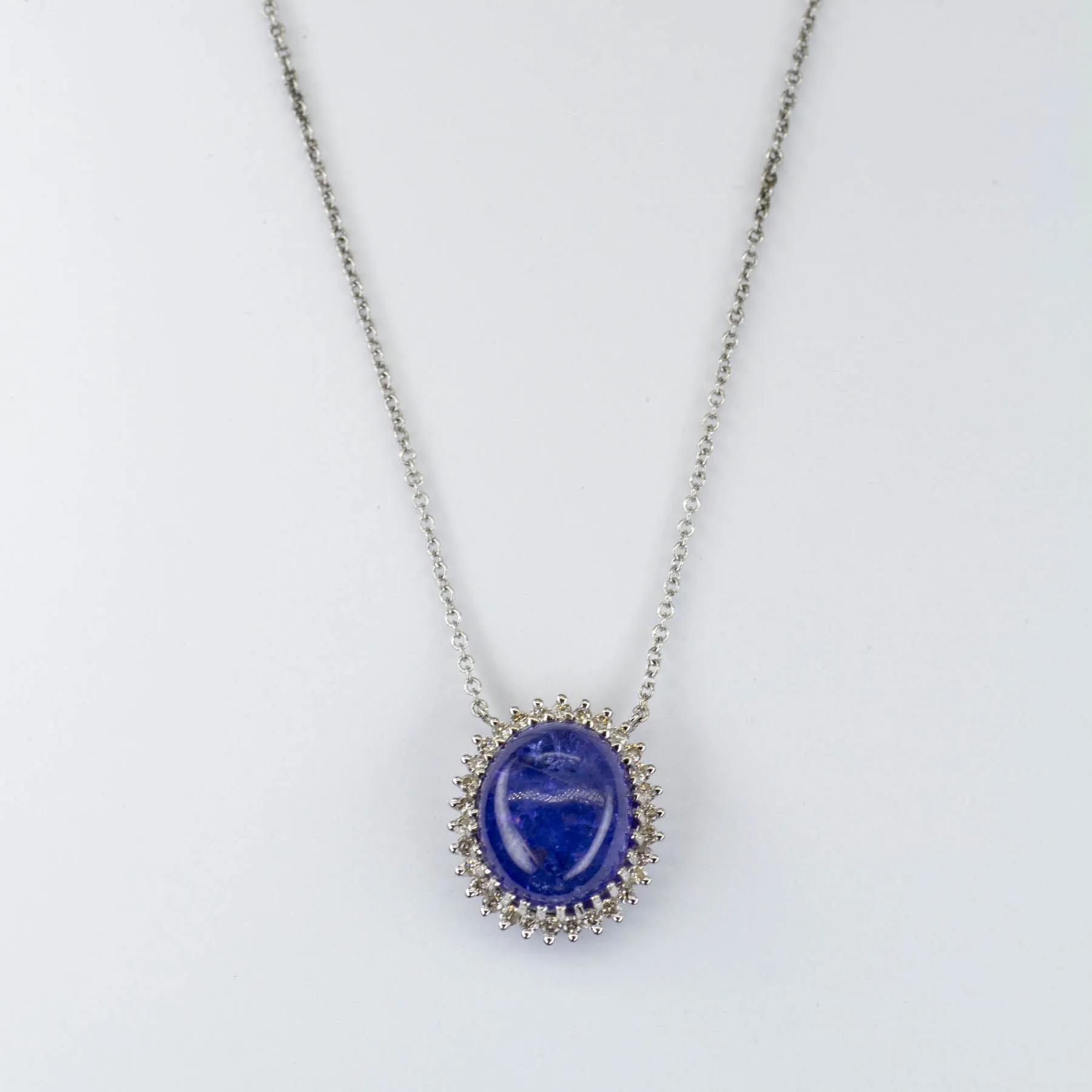 Tanzanite Cabochon White Gold Necklace| 4.97ct, 0.25ctw | 16" | Handcrafted Finish Evening Charm