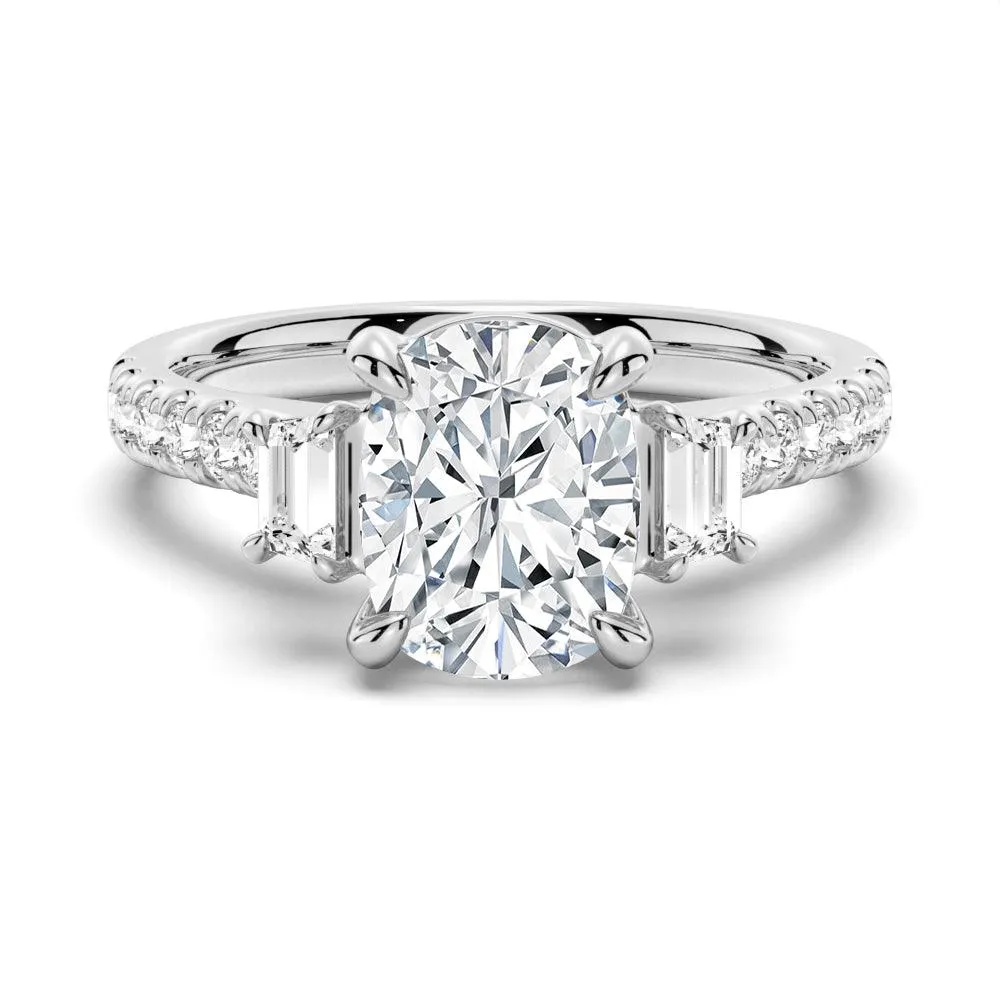 Three Stone Cushion & Half Moon Moissanite Engagement Ring with Pav?? Band Elegant Movement