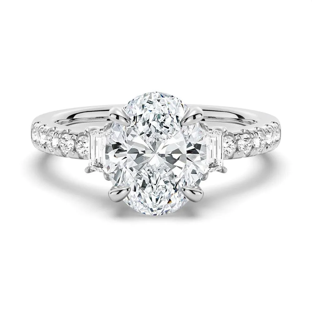 Three Stone Oval & Half Moon Moissanite Engagement Ring with Pav?? Band Customizable item