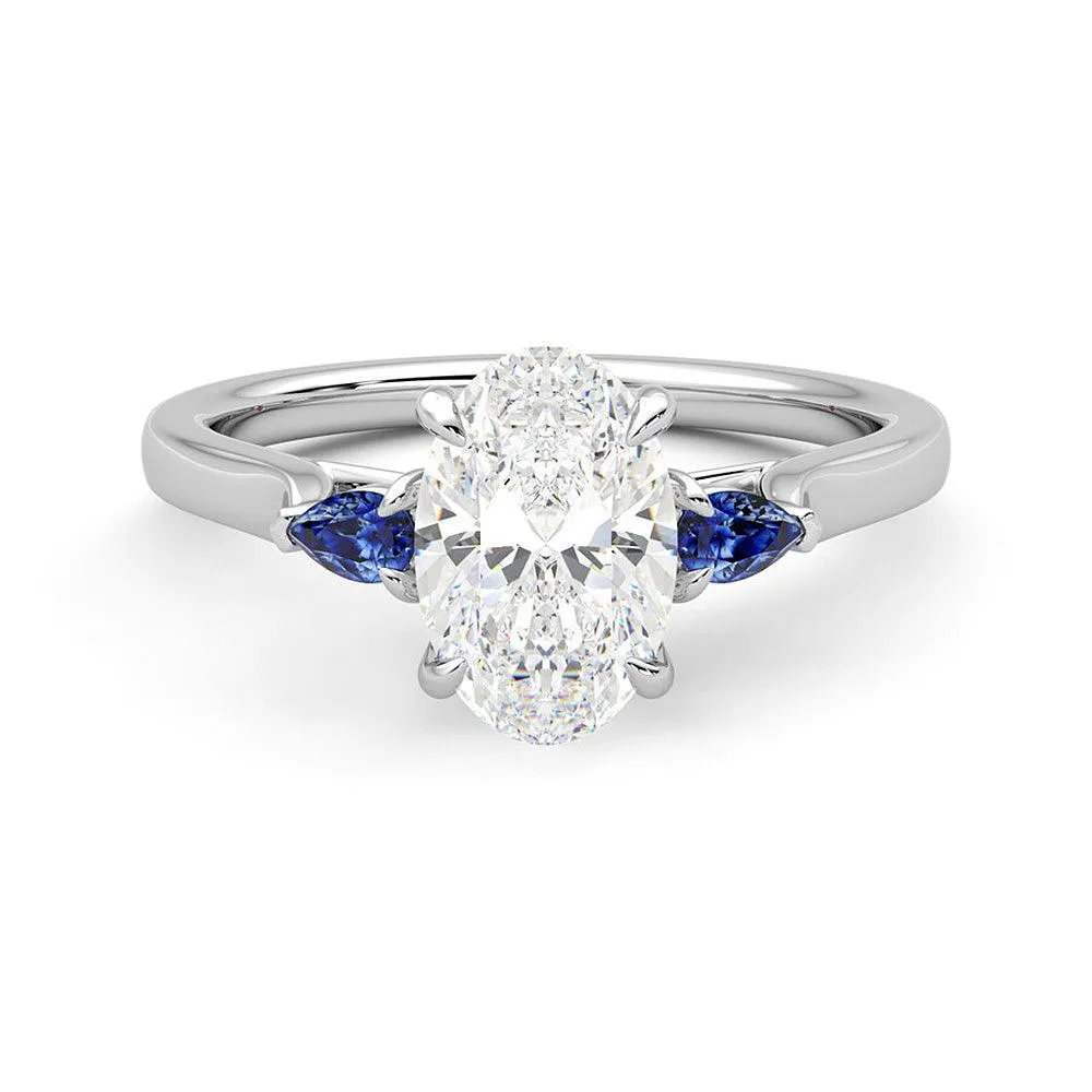 Three Stone Oval Cut Moissanite and Sapphire Engagement Ring with Hidden Anniversary Stone Accent Sophisticated Glam Statement Touch