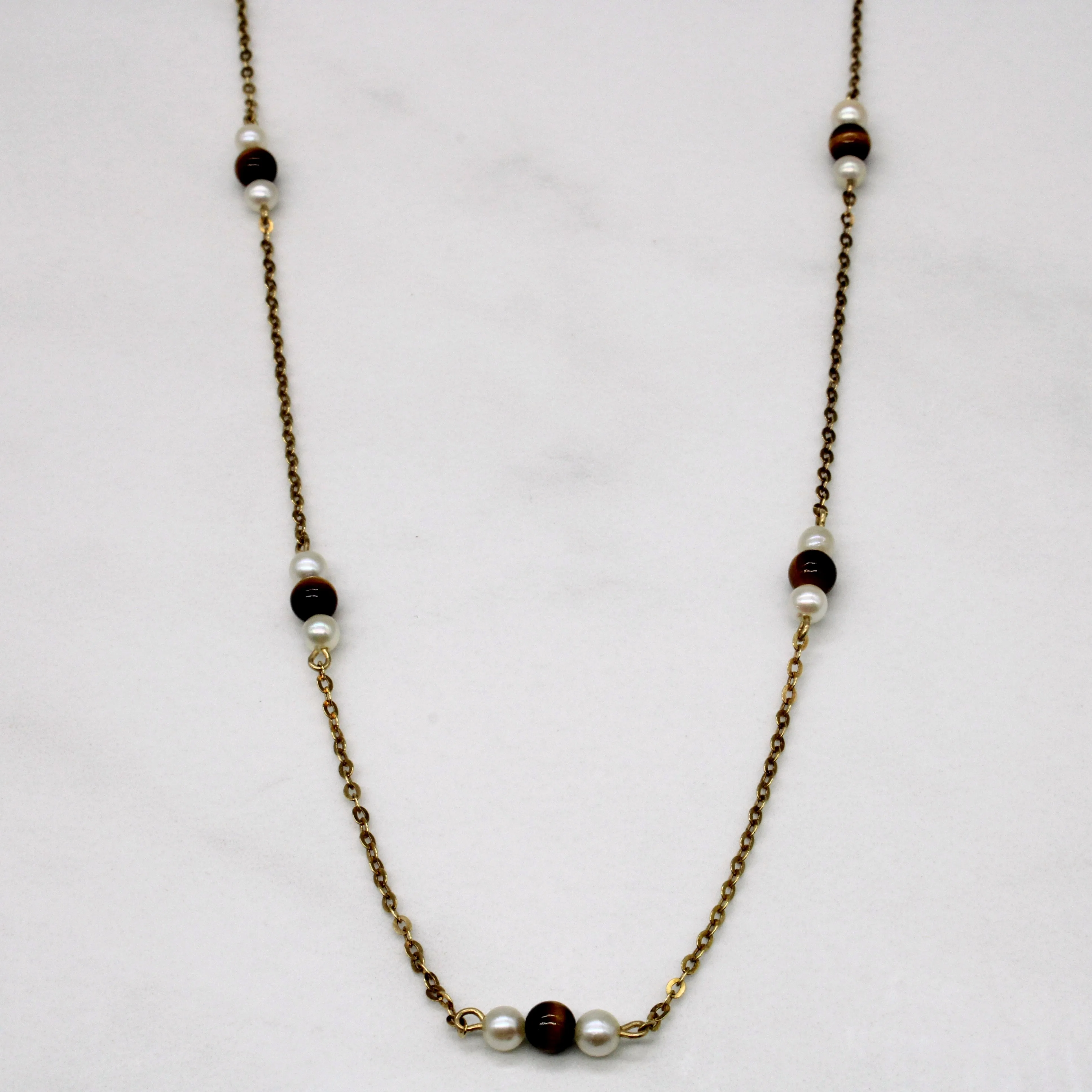 Tiger Eye & Pearl Bead Necklace | 2.50ctw | 16" | Comfort Fit Unique Element
