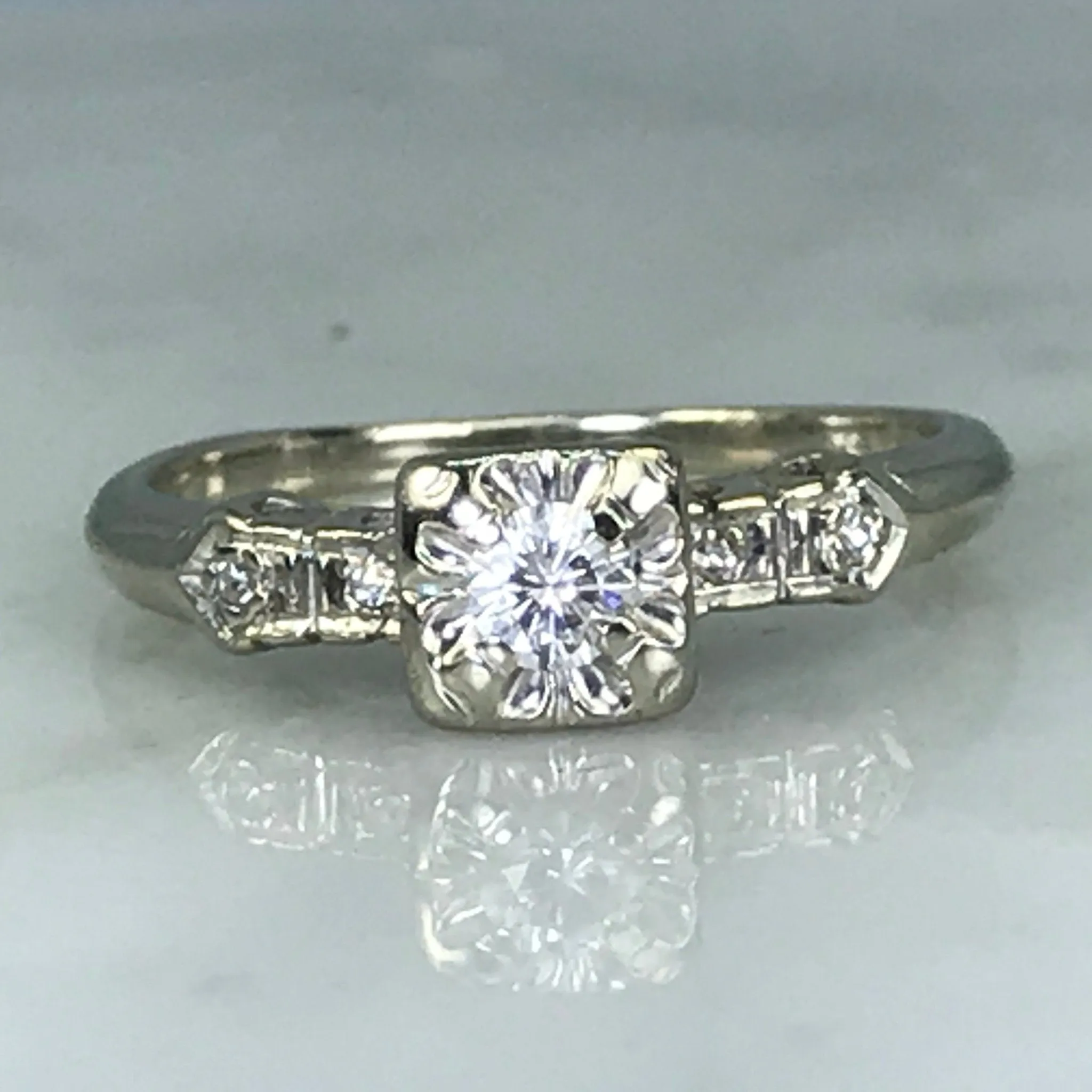 Vintage Diamond Engagement Ring. 14K White Gold. April Birthstone. 10 Year Anniversary Adornment Piece