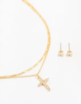 Gold Plated Cubic Zirconia Stud & Cross Necklace Set Daywear Fit Bridal Choice