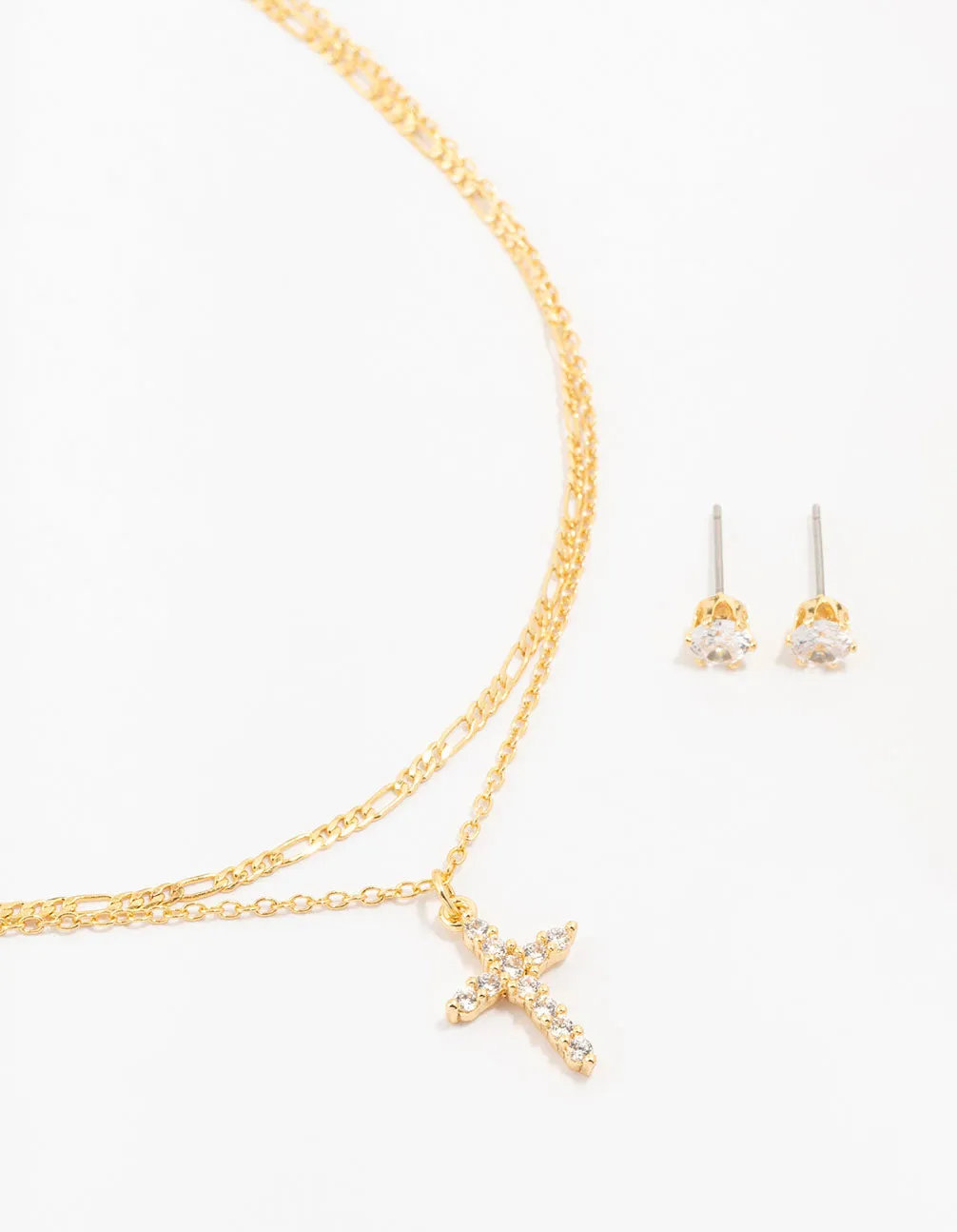 Gold Plated Cubic Zirconia Stud & Cross Necklace Set Daywear Fit Bridal Choice