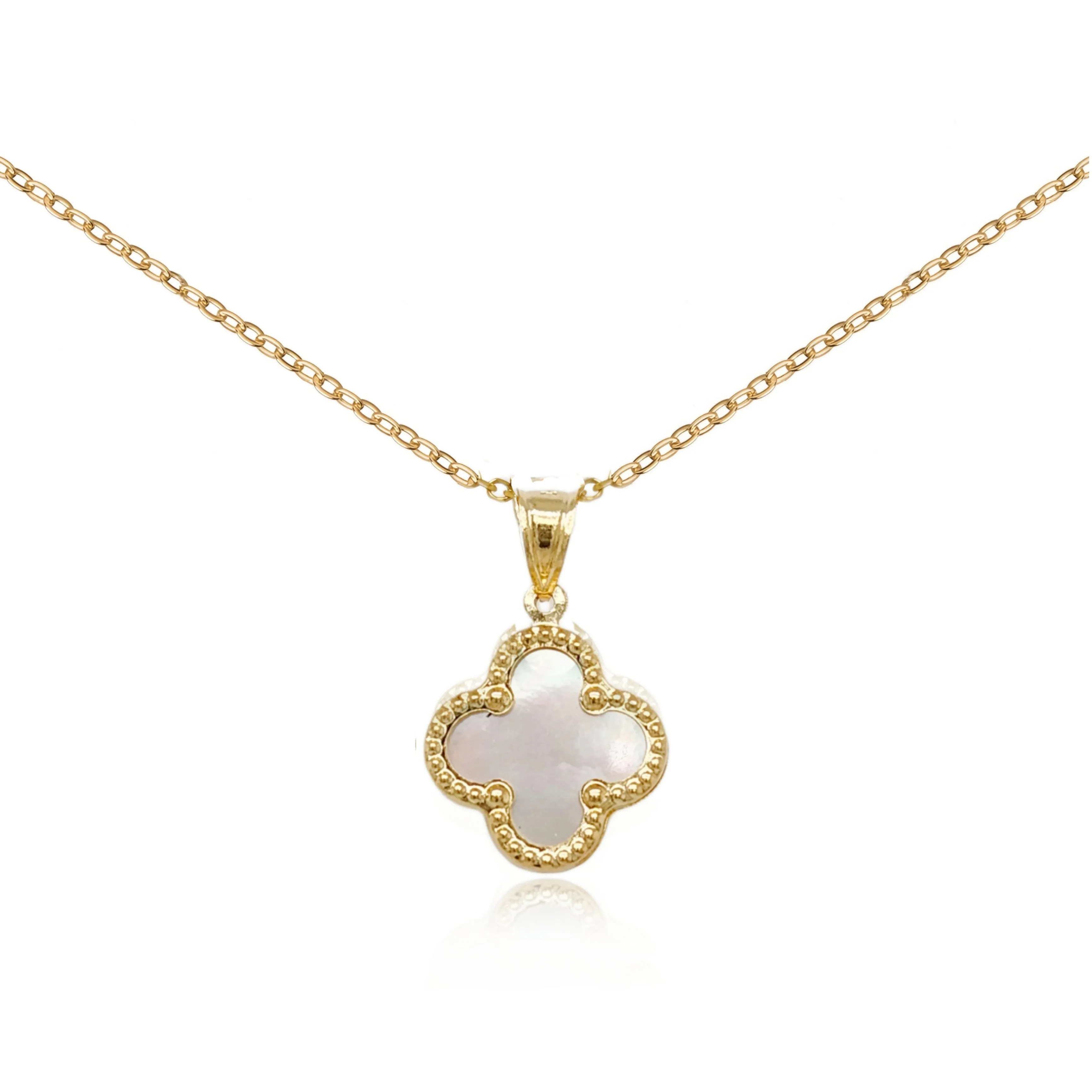 Gift For Mom 14k Gold Beaded Border Clover Pendant Necklace