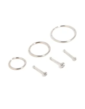 Impressive Feature Titanium Cubic Zirconia Classic Nose Studs &  Rings 6-Pack