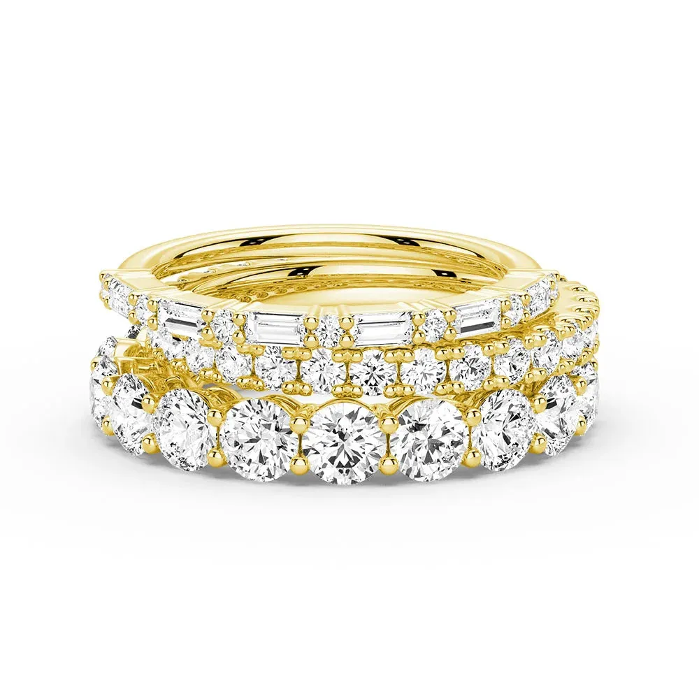 Glamour Accent Round and Baguette Cut Moissanite Bands with French Pave Band Stacking Rings