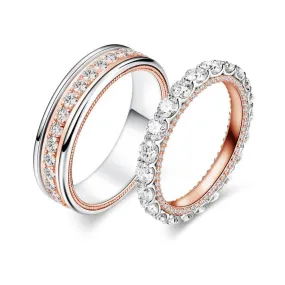 Two Tone Round Moissanite Eternity Couple's Ring Set Unique Piece
