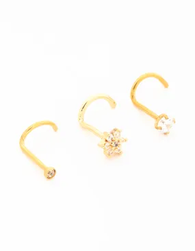 Gold Plated Titanium Threadless Flower Triangular Nose Studs 3-Pack Handcrafted Design Shine Luxe Shine Up