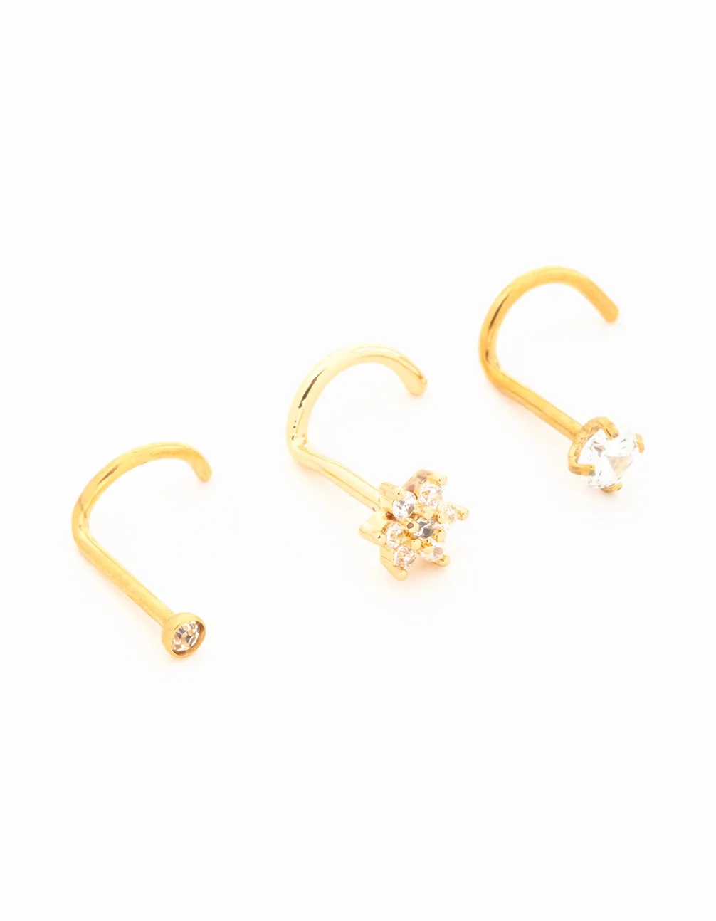 Gold Plated Titanium Threadless Flower Triangular Nose Studs 3-Pack Handcrafted Design Shine Luxe Shine Up