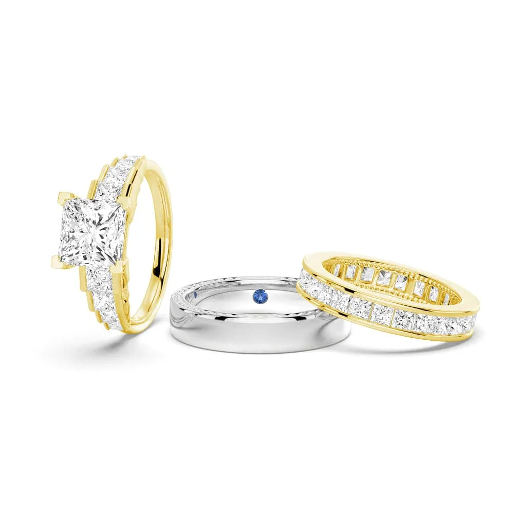 Unique Cinderella Staircase Princess Cut Moissanite Couple's Ring Set with Men's Wedding Band Sweetheart Gift Cool Accent