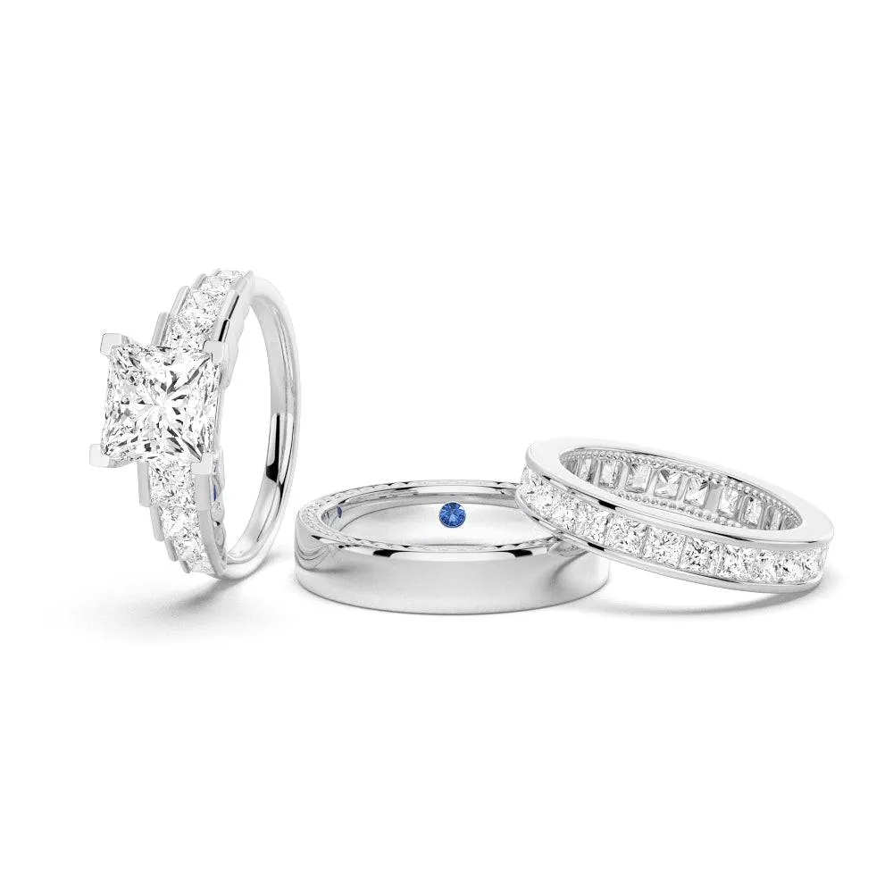 Practical Design Surprise Gift Unique Cinderella Staircase Princess Cut Moissanite Couple's Ring Set with Men's Wedding Band