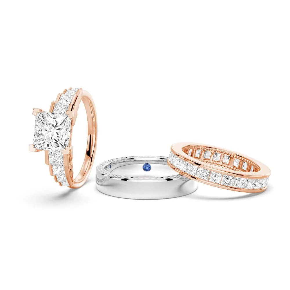 Special Style Unique Cinderella Staircase Princess Cut Moissanite Couple's Ring Set with Men's Wedding Band