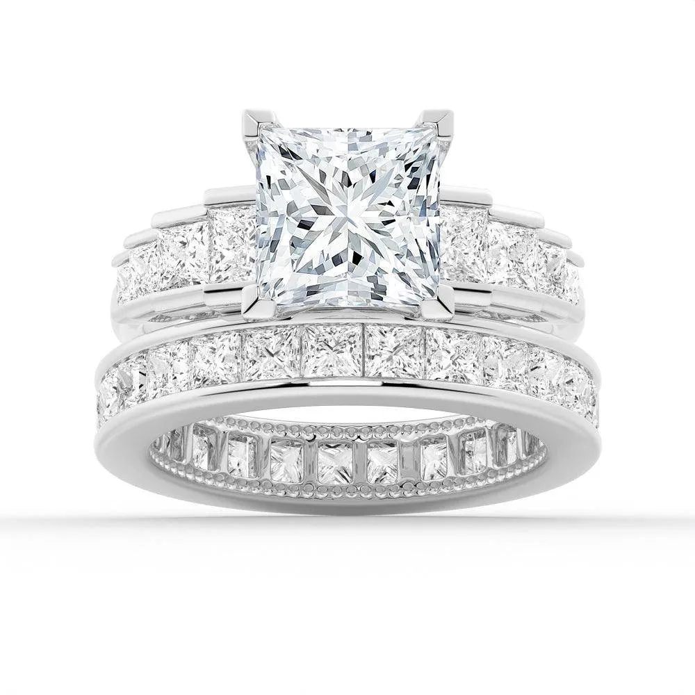Unique Cinderella Staircase Princess Cut Moissanite Ring Set with Matching Wedding Band Event Friendly
