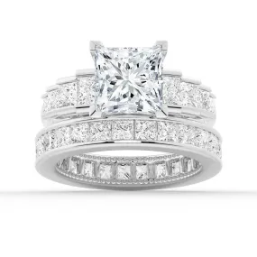 Unique Cinderella Staircase Princess Cut Moissanite Ring Set with Matching Wedding Band Sparkling Design Solar powered