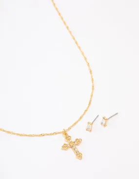 Gold Plated Diamante Cross Jewellery Set Effortless Look