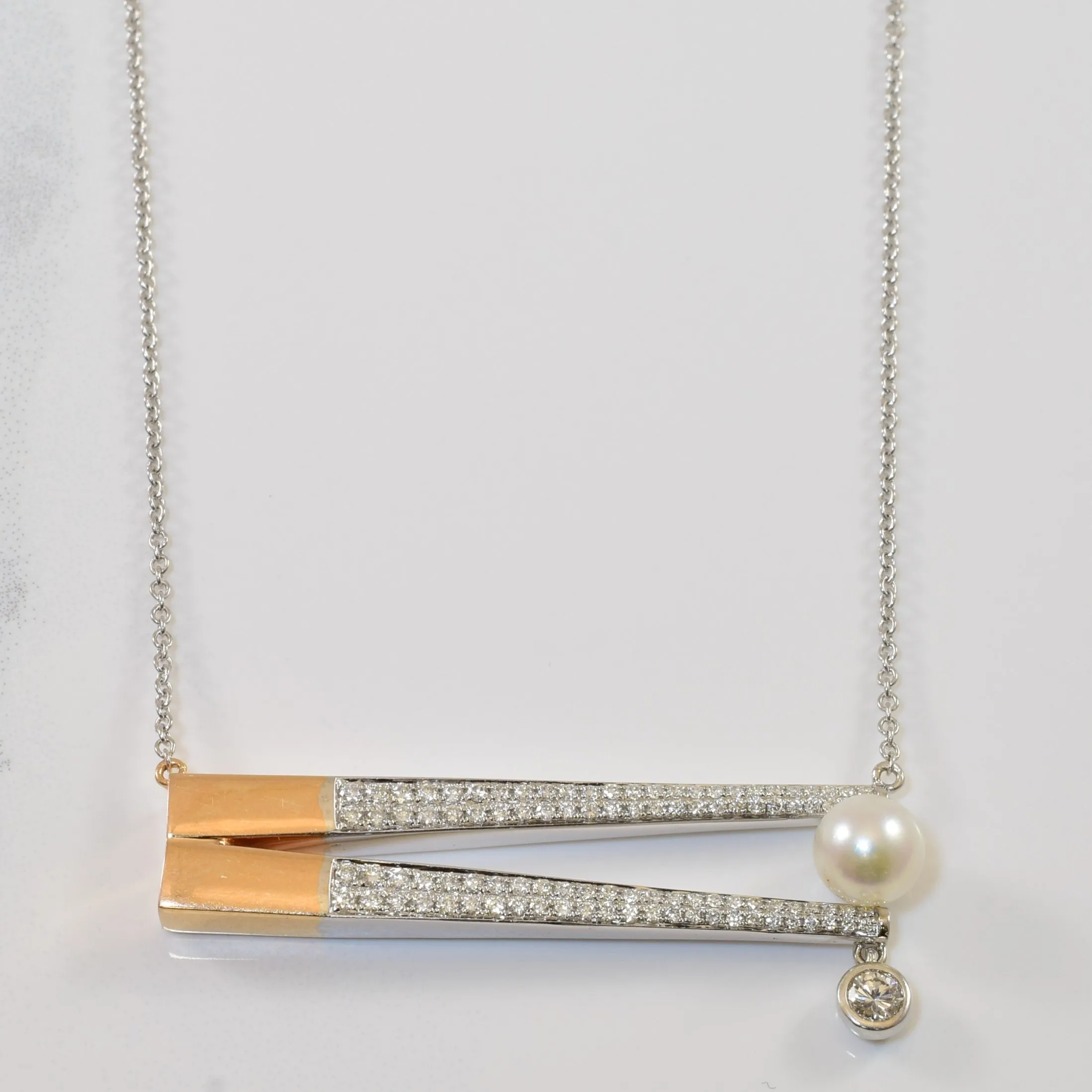 Unique Pearl & Diamond Offset Necklace | 1.60ct, 0.65ctw | 18" | Glamorous Accessory Sun-Kissed Look