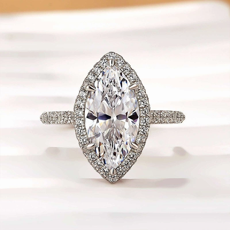 Unique 3.0Ct Halo Marquise Cut Engagement Ring In Sterling Silver Personal Touch Glistening Detail