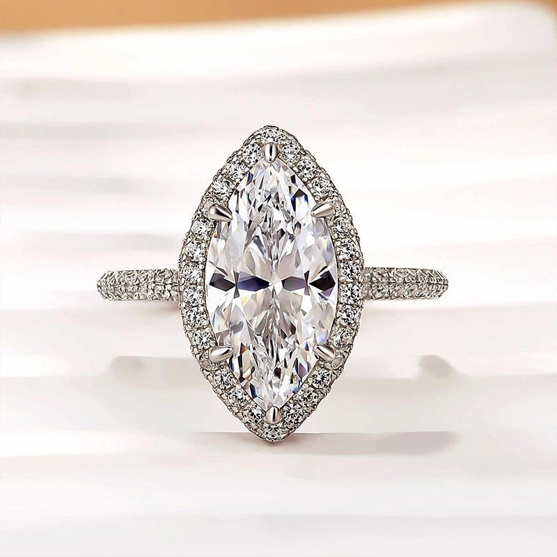 Soft Statement Unique 3.0Ct Halo Marquise Cut Engagement Ring In Sterling Silver