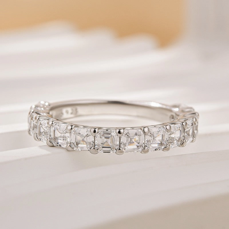 Polished Highlight Unique Asscher Cut Wedding Band In Sterling Silver