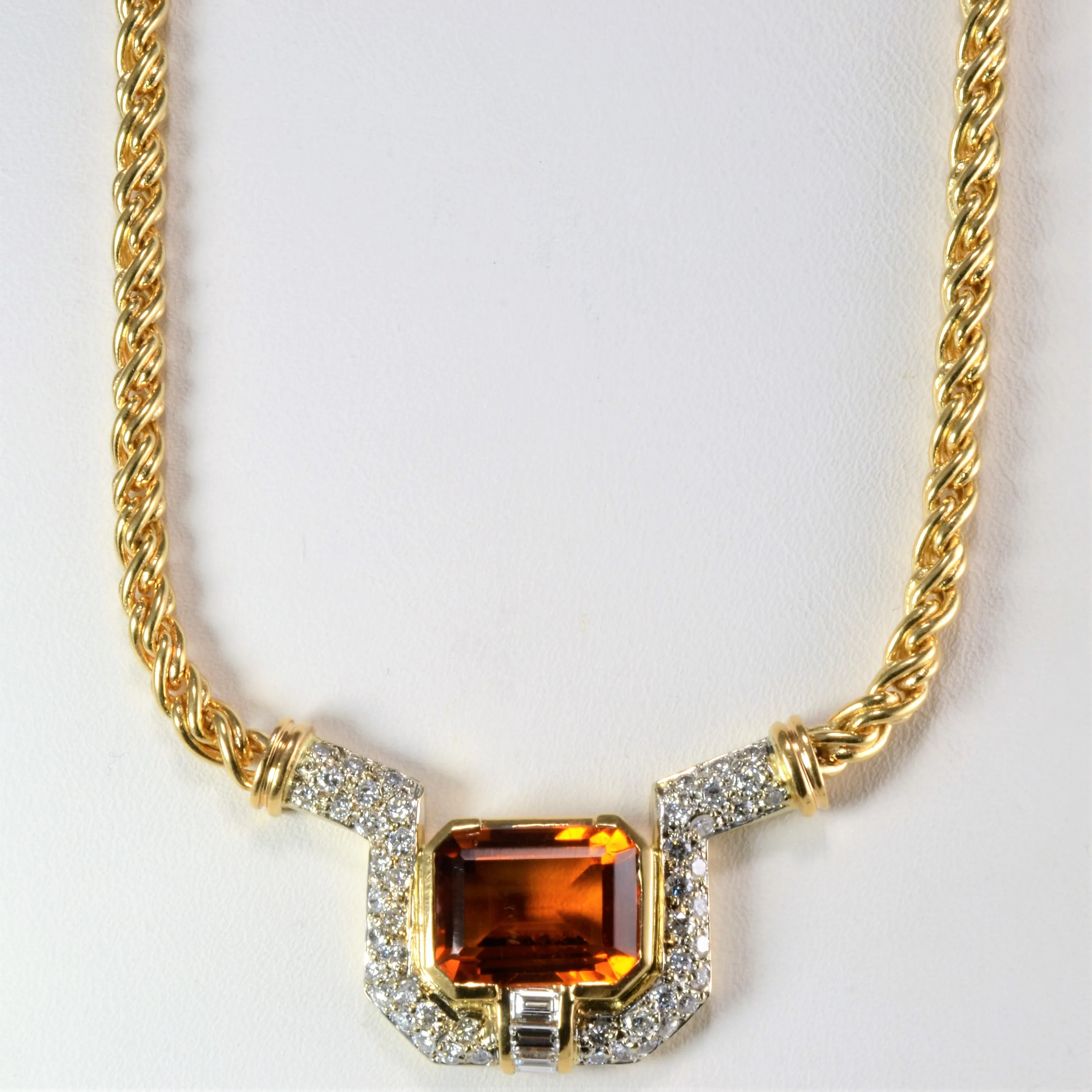 Radiant Sparkle Daytime Look Beautiful Bezel Citrine & Multi Diamond Rope Chain Neckalce | 0.86 ctw, 16''|
