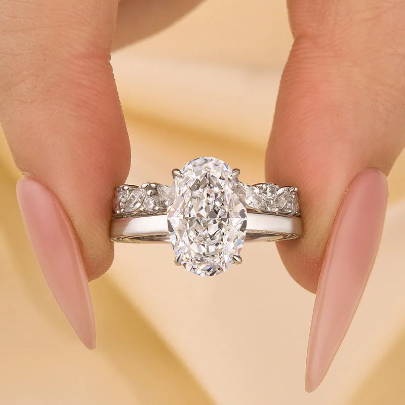 Elegant Pop Louily Oval Cut Wedding Ring Set With Marquise Cut & Round Cut Wedding Band