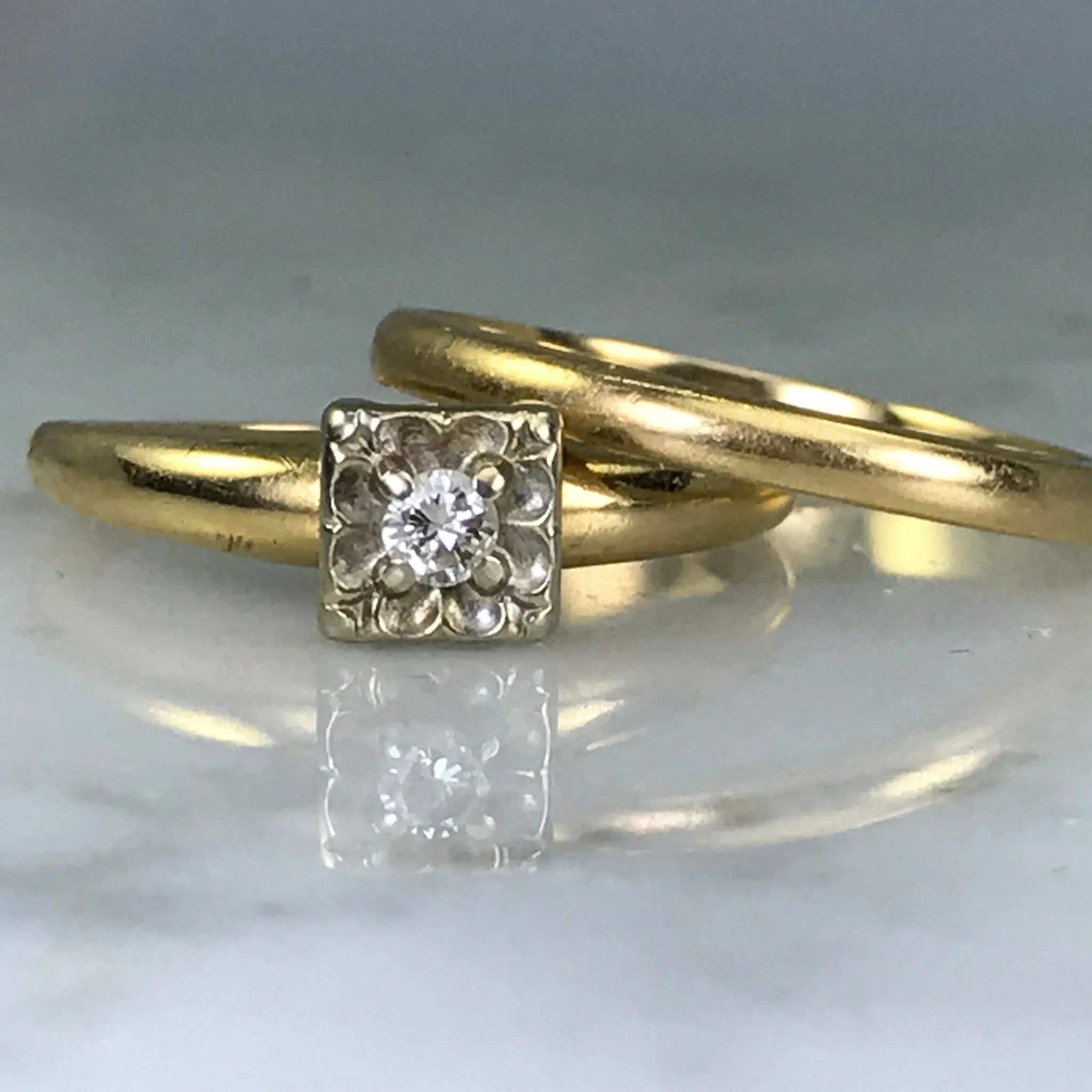Shiny Symbol Daily Simplicity Vintage Bridal Set. Diamond Engagement Ring. Gold Wedding Band. Keepsake Brand. 14K Yellow Gold.