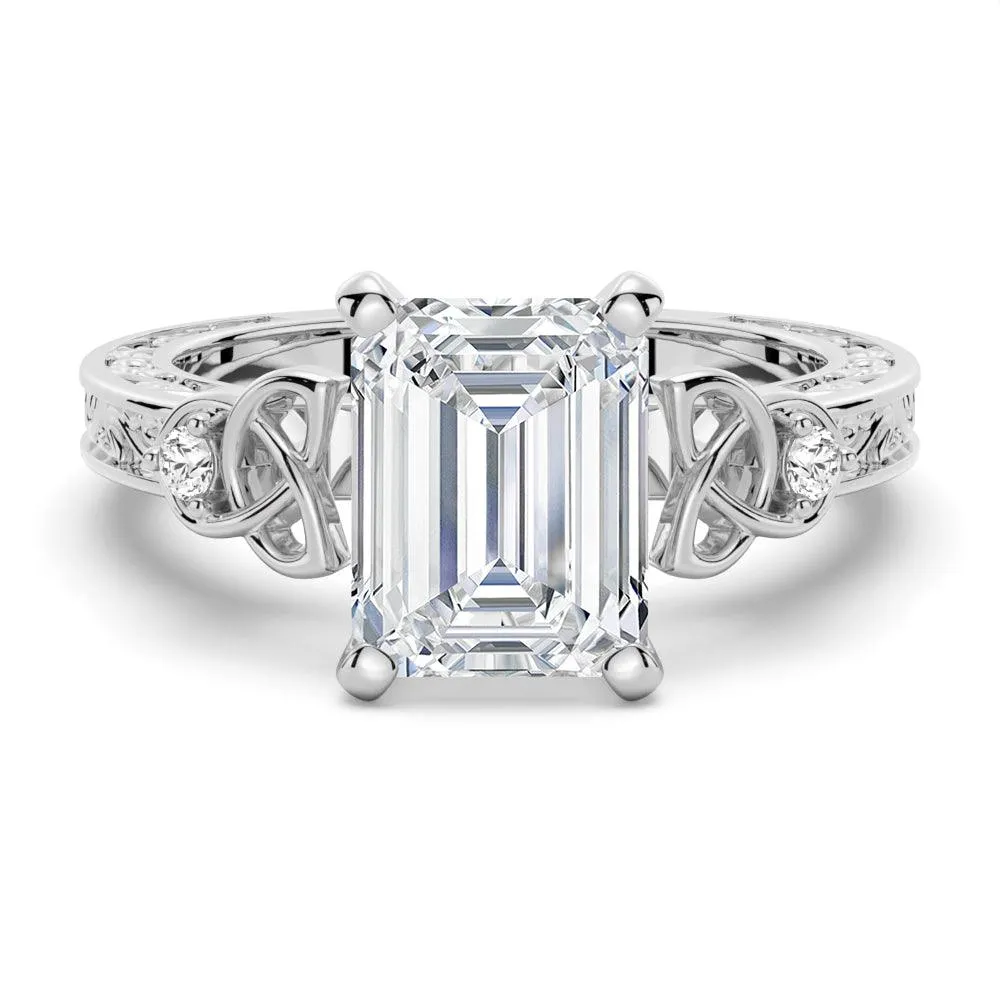 Modern Outline Vintage Celtic Knots Design Emerald Cut Moissanite Engagement Ring