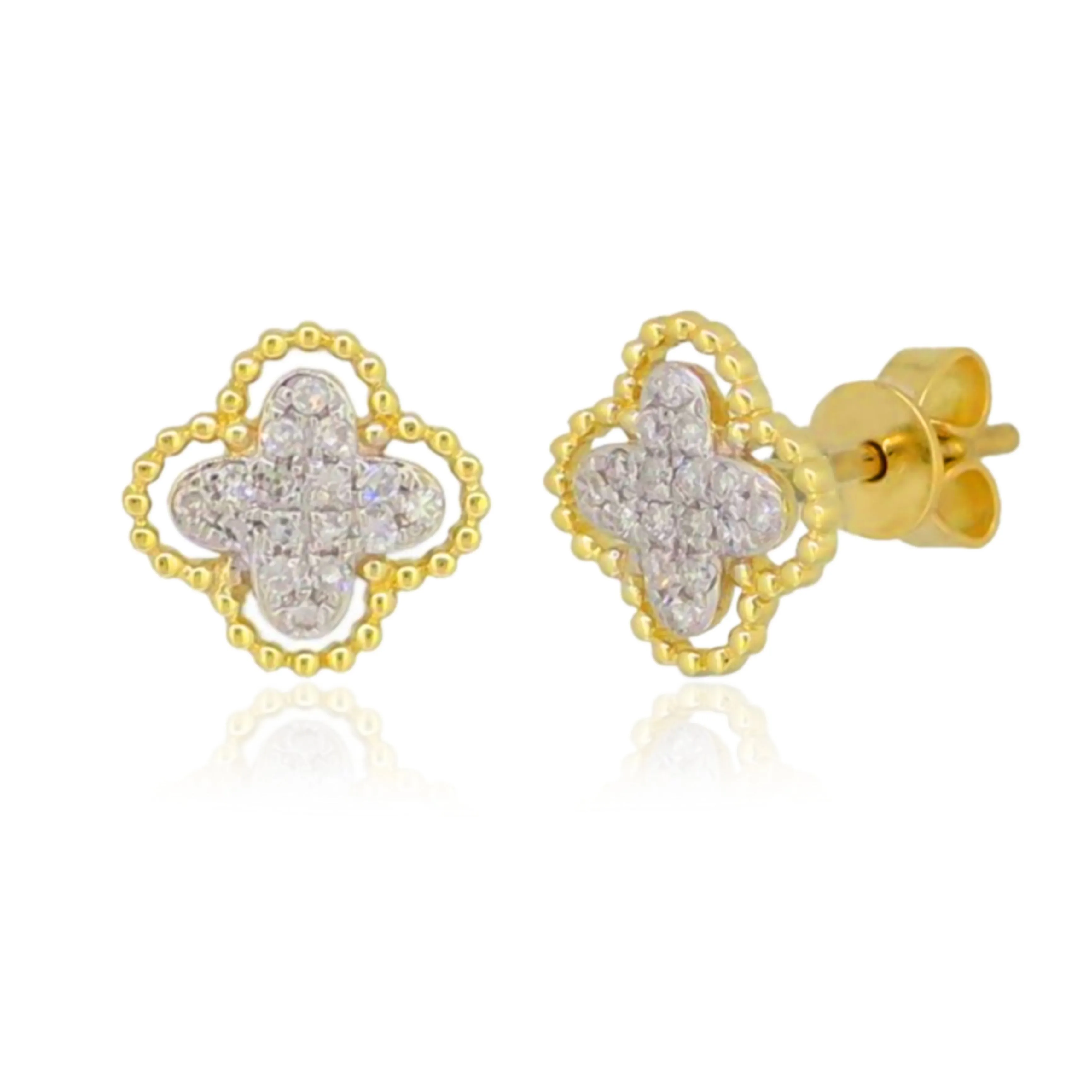 14K Gold Micropave Diamond Clover Stud Earring Polished Product