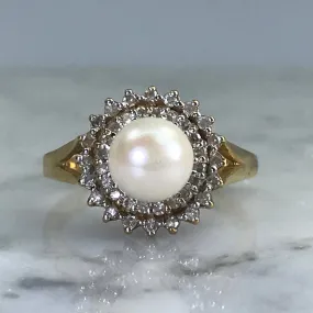Vintage Pearl Engagement Ring. Diamond Halo. 10K Yellow Gold. June Birthstone. 4th Anniversary Gift. Postmodern Design Fashionable Ornament