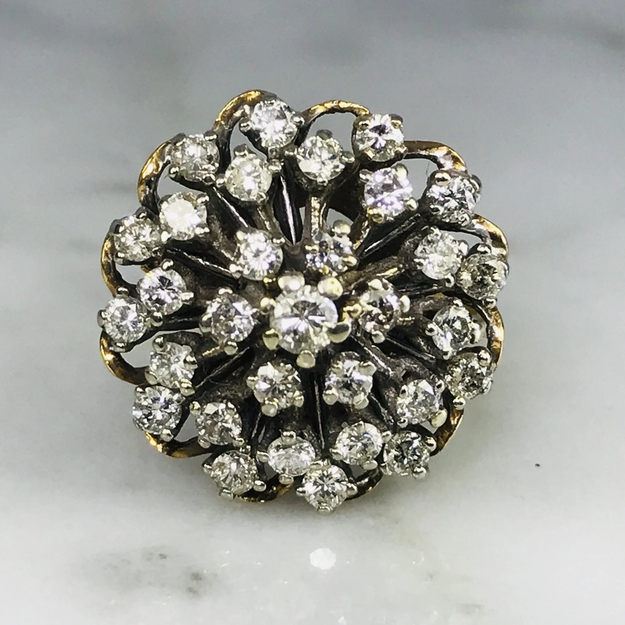 Vintage Diamond Cluster Ring in 14K Gold Starburst Setting. April Birthstone. 10 Anniversary Gift. Balanced Form Premium Gift