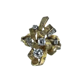 All Around Vintage Diamond Cluster Ring with Old Hollywood Glamour. 14K Yellow Gold Setting with a Ribbon Design.