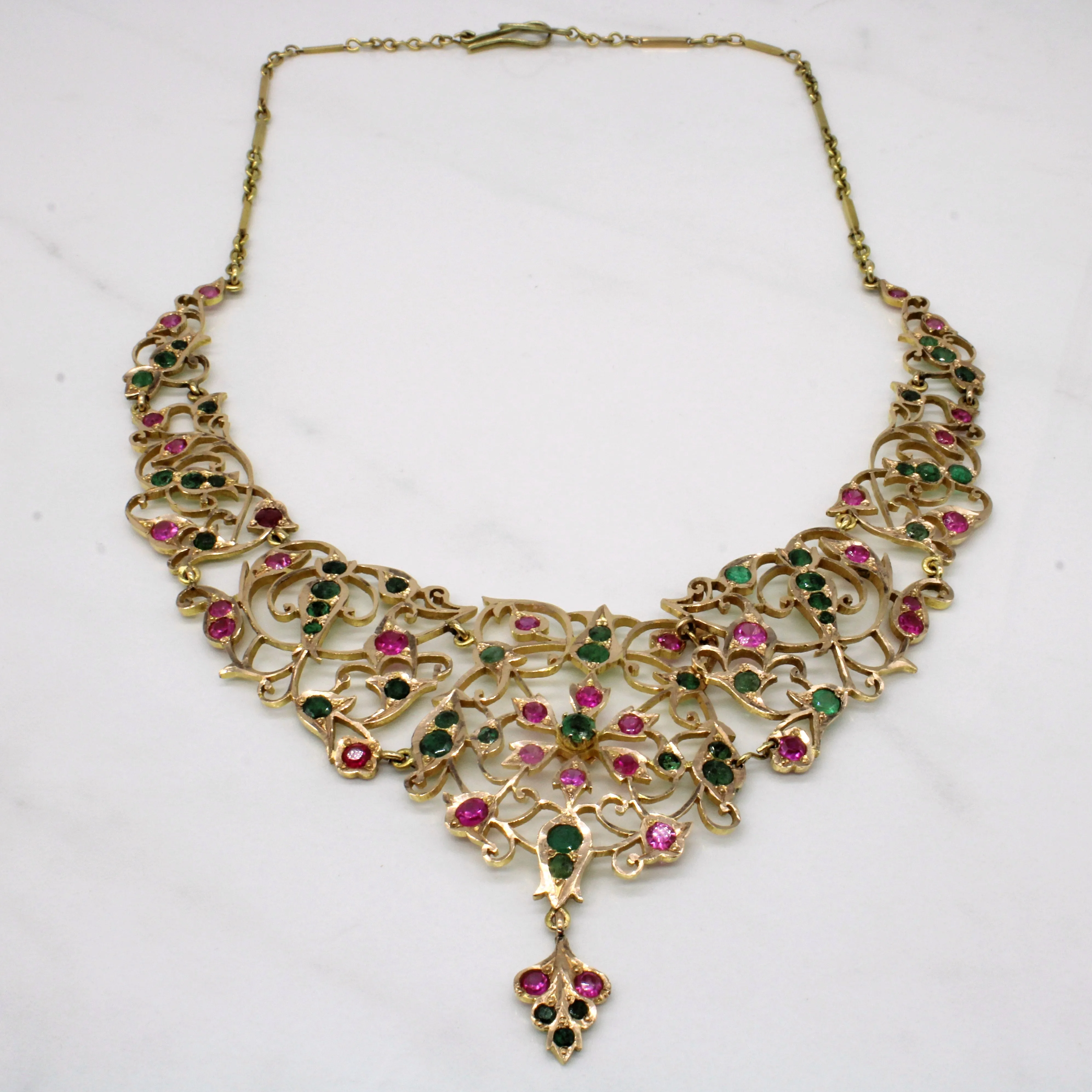 Vintage Emerald & Synthetic Ruby Ornate Necklace | 5.50ctw, 6.80ctw | 20" | Precious Detail
