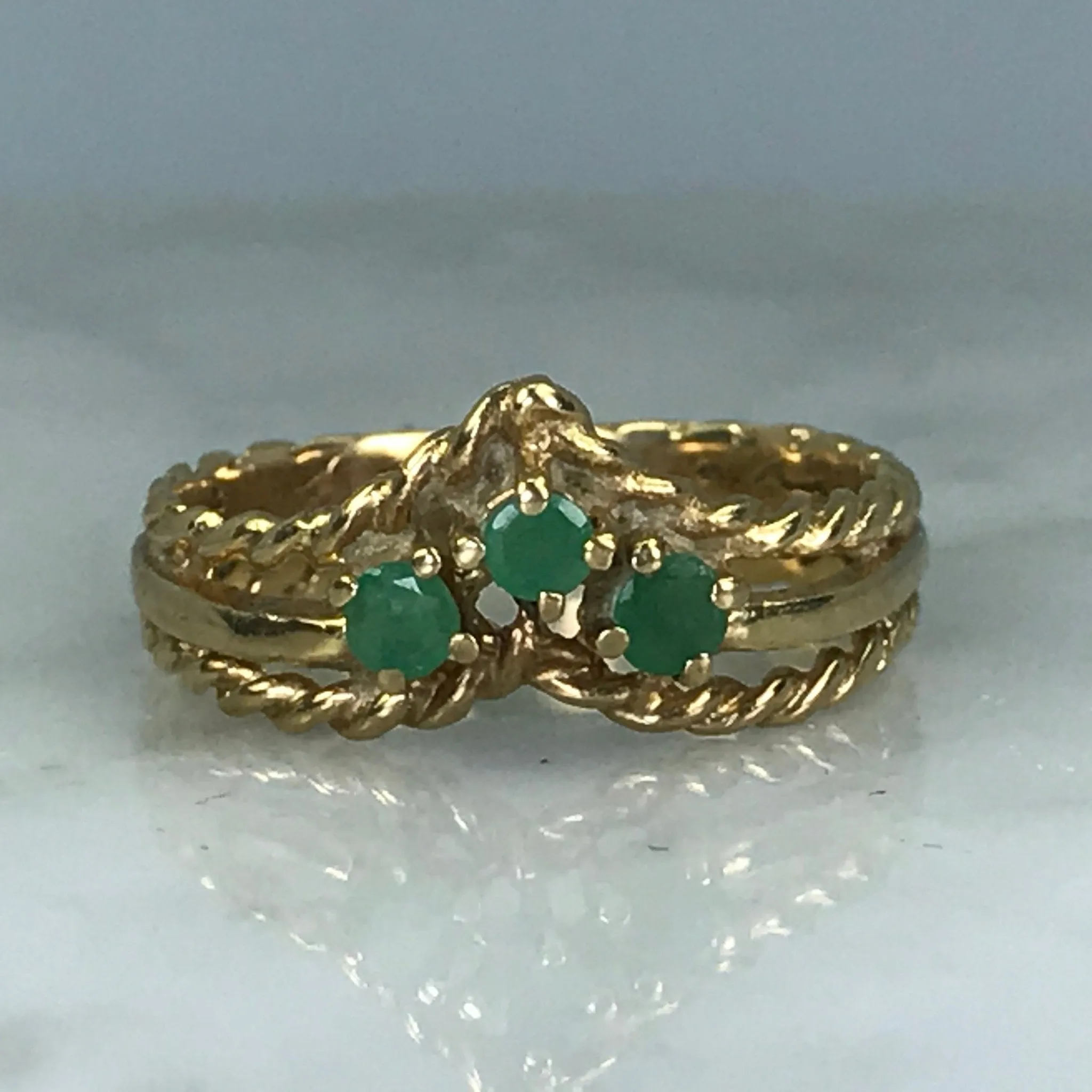 Polished Design Gentle Design Vintage Emerald Wishbone Band. Yellow Gold. Wedding Band. May Birthstone. 20th Anniversary Gift.