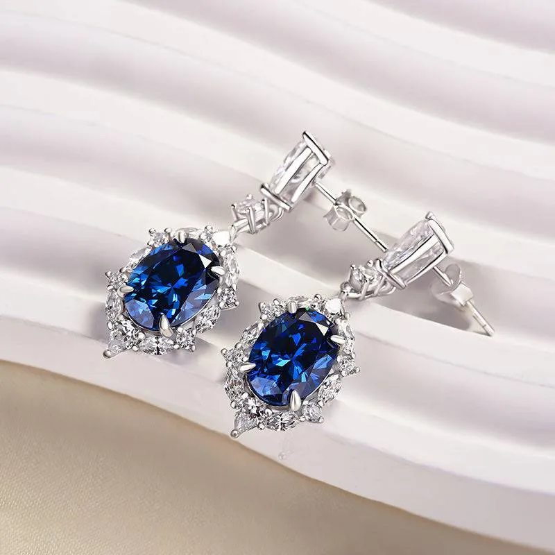 Crisp Edge Glowing Accent Vintage Halo Oval Cut Blue Sapphire Women's Earrings In Sterling Silver