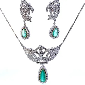 Vintage Hand Fabricated Emerald and Diamond Jewelry Set | 5.80ctw Emeralds, 7.70ctw Diamonds | 18" | Stylish Accent Fresh Touch