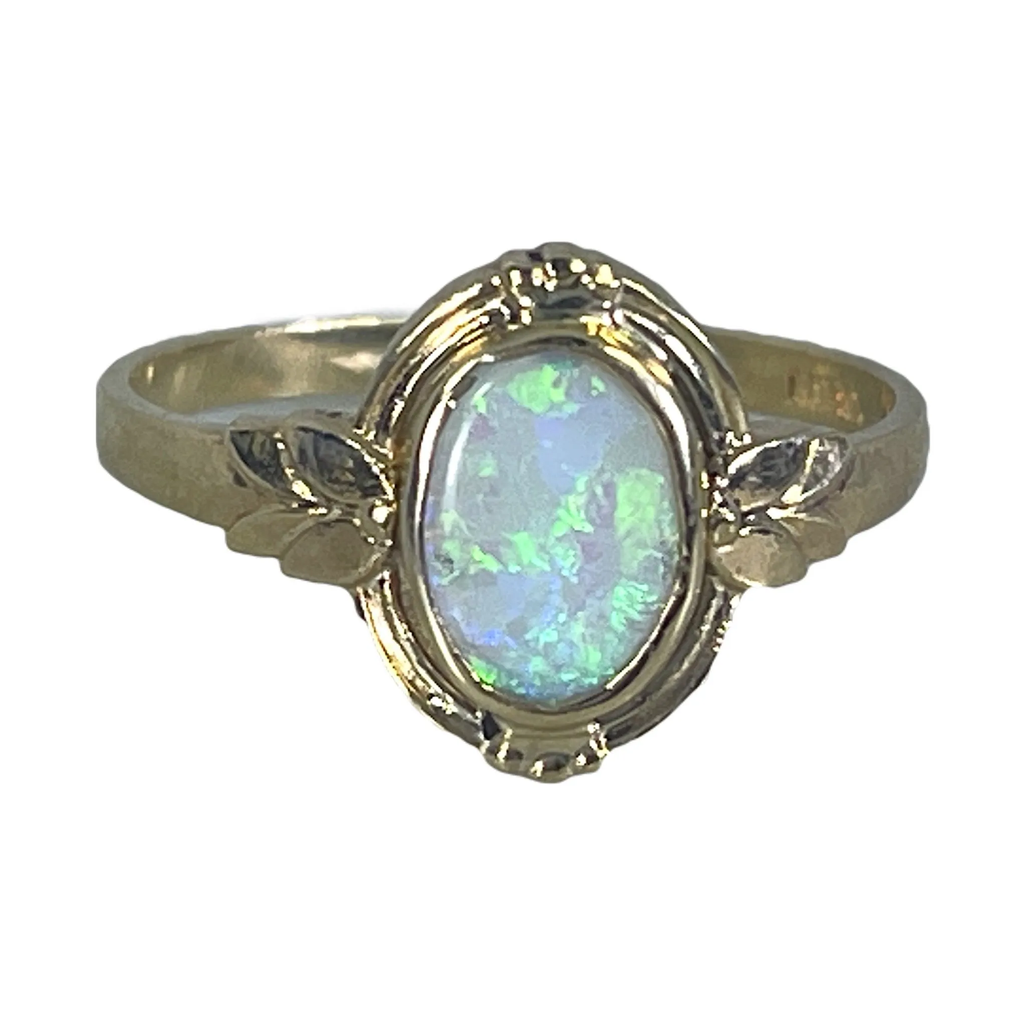 Shimmer Look Hand Wash Only Vintage Opal Ring set in a 10K Yellow. Unique Engagement Ring or Graduation Gift. October Birthstone.