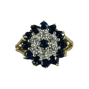 Vintage Sapphire and Diamond Halo Ring in Solid Yellow Gold. Unique Sustainable Estate Jewelry. Durable Article Exclusive Ornament
