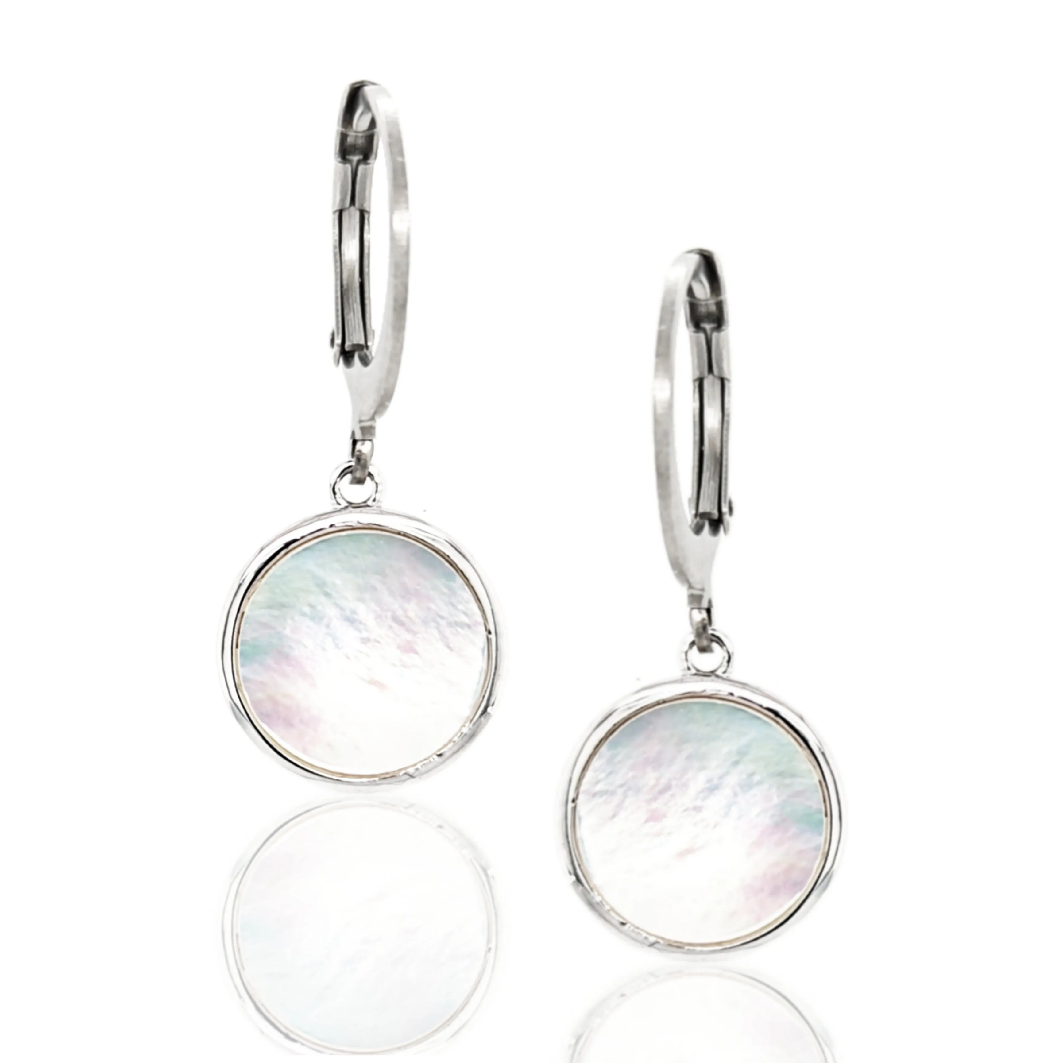 Surgical Steel with Sterling Silver Mother of Pearl Circles Leverback Earrings Oval Decoration
