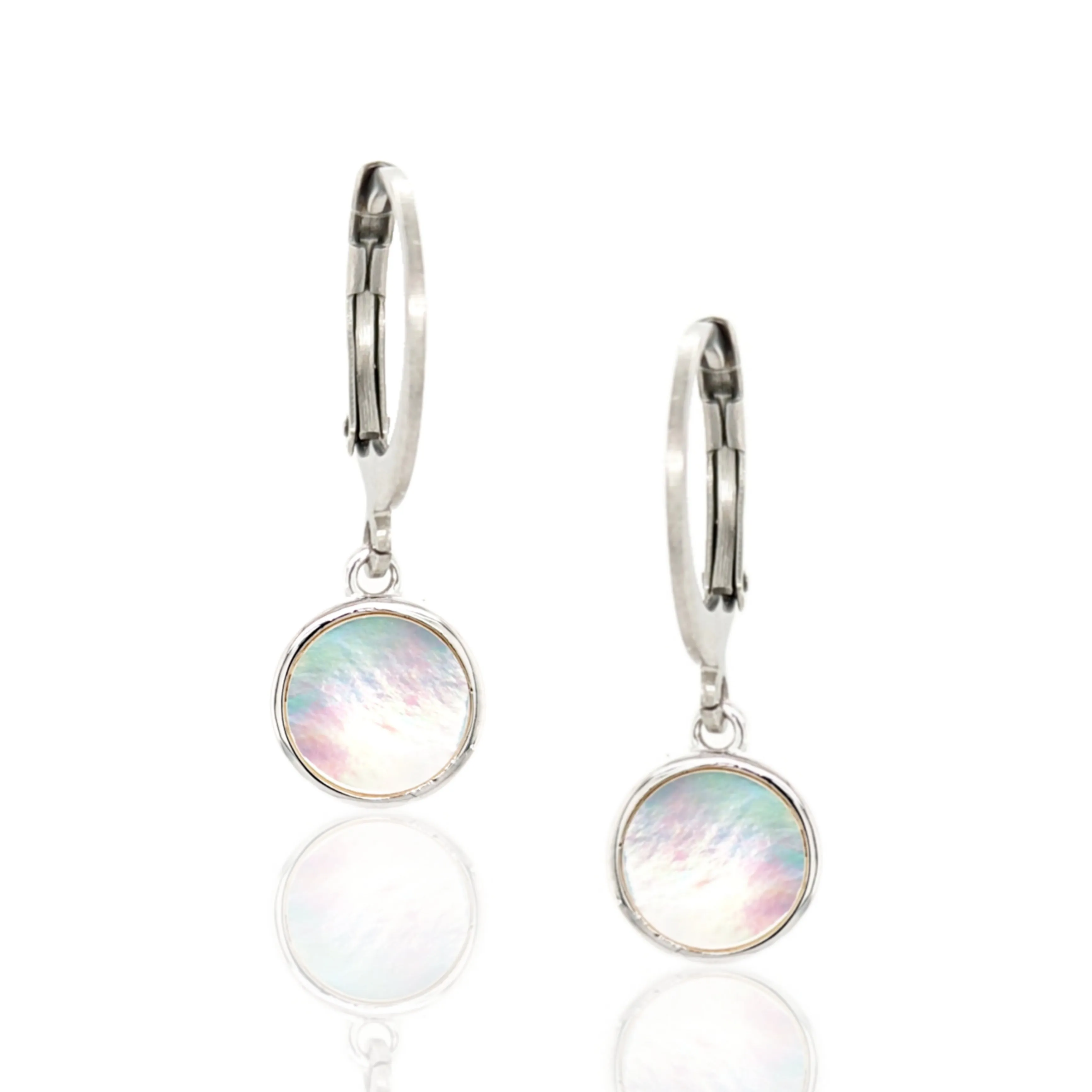 Surgical Steel with Sterling Silver Mother of Pearl Circles Leverback Earrings Secure look
