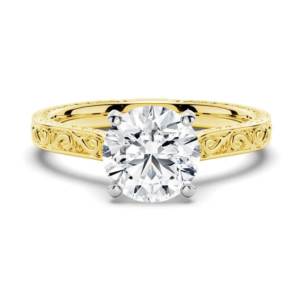 Vintage Two Tone Round Moissanite Engagement Ring With Milgrain Edges Meaningful Symbol