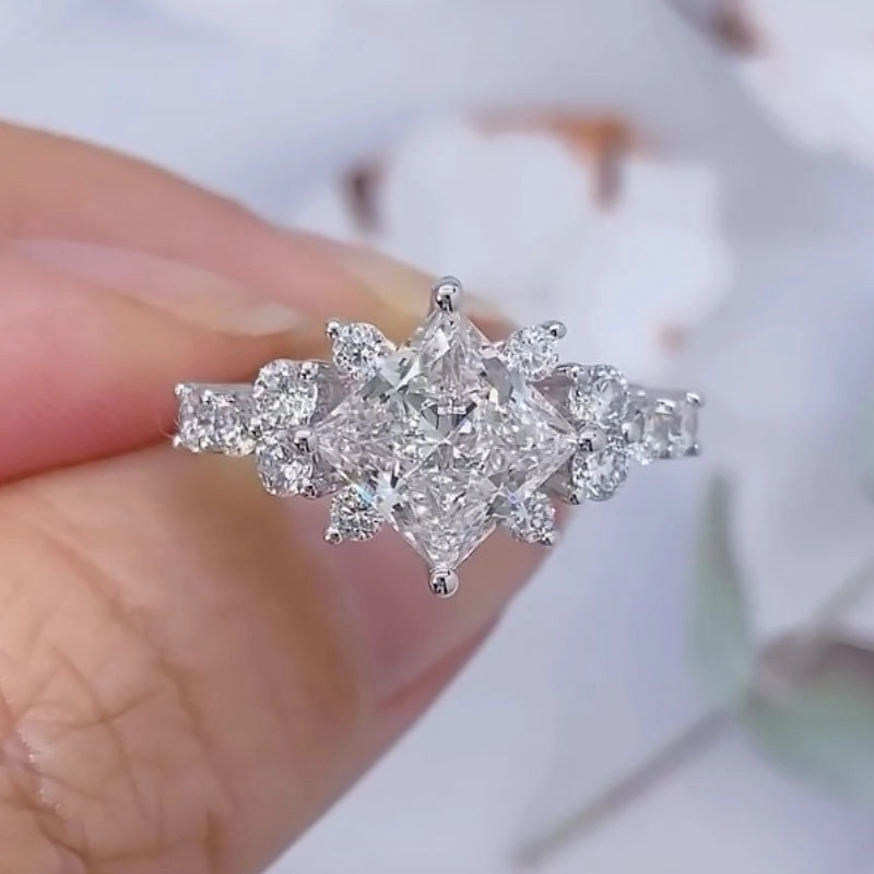 Vintage 2.0Ct Princess Cut Engagement Ring Travel Ring In Sterling Silver Textured Detail Romantic Gift