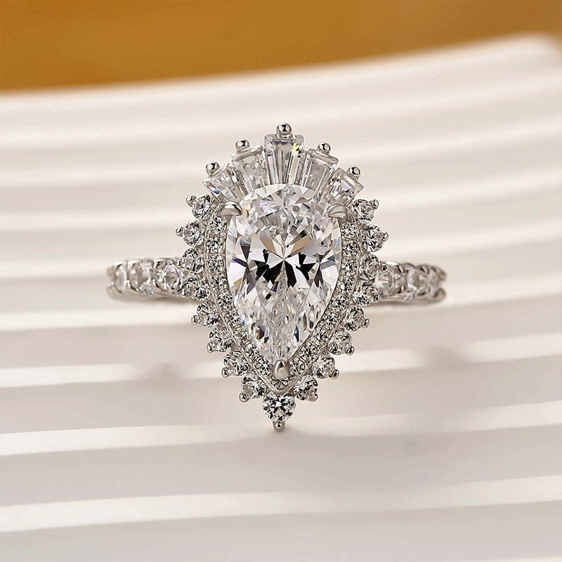 Creative Glance Easy Match Vintage 2.2Ct Halo Pear Cut Engagement Ring Travel Ring In Sterling Silver