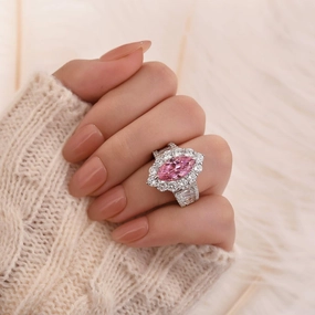 Vintage 3.0Ct Pink Marquise Cut Halo Engagement Ring In Sterling Silver Exquisite Touch Layered Edge