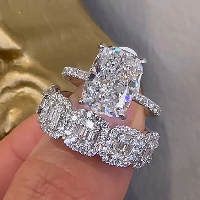 Perfect Gift Vintage 5.5Ct Cushion Cut Wedding Ring Set With Halo Emerald Cut Half Wedding Band